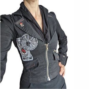 Lip Service Vintage 2000's Cropped black denim jacket with patches and corset